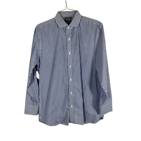 Bonobos Shirt Men 17.5 Blue Gingham Button Down Office Checks Collar Plaid Work - Picture 1 of 13
